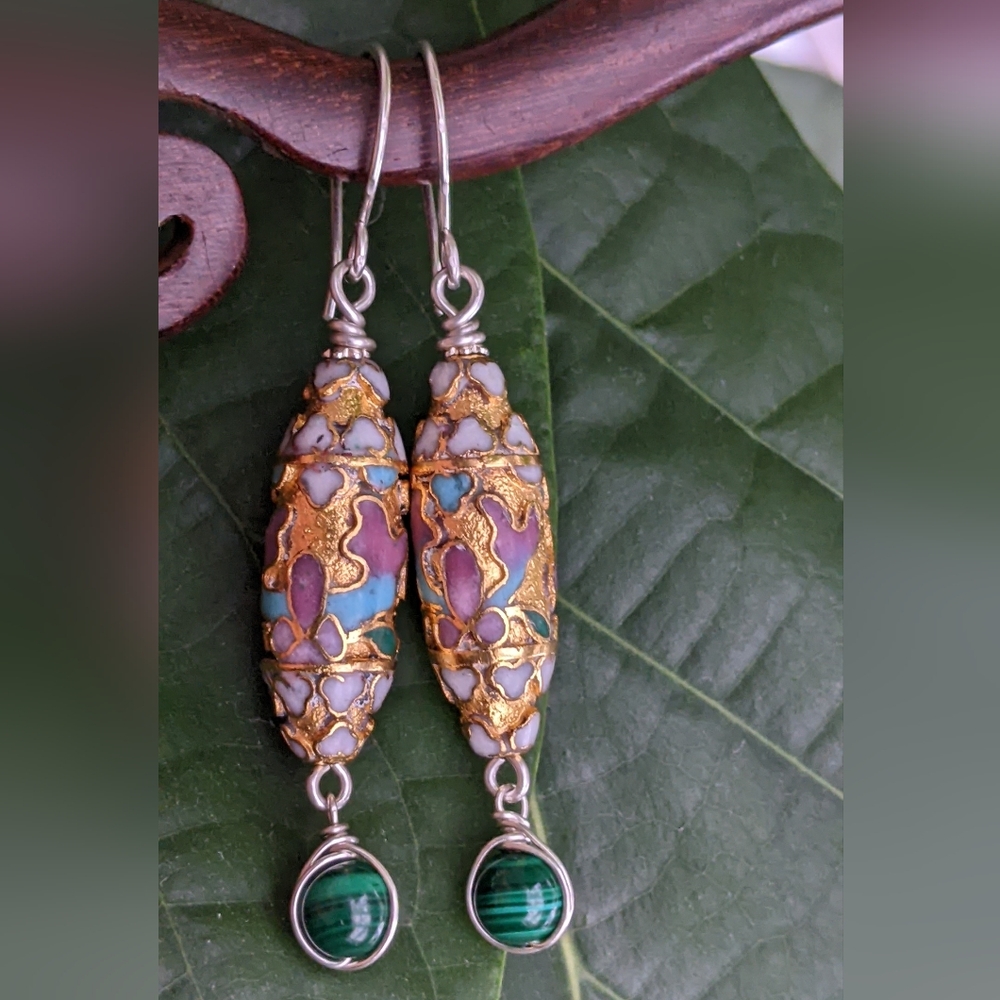 Authentic Vintage Cloisonne Earrings Sterling Silver Gold Toned with Malachite - Picture 5 of 12